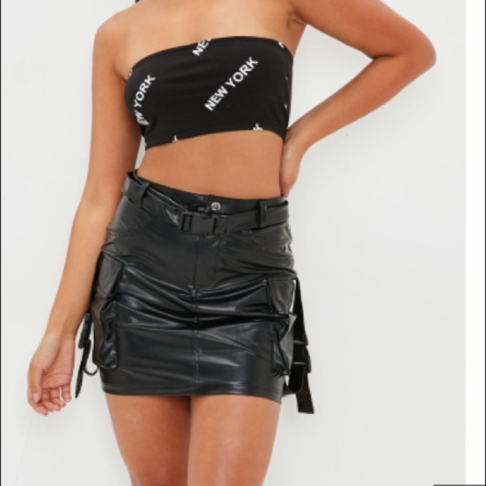 Vynl Bodysuit, pink floral pants & leather skirt